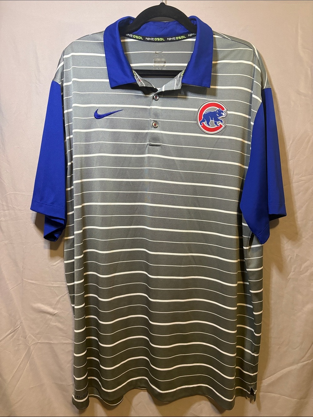 Nike Baseball Chicago Cubs Gray Striped Polo with Blue Sleeves
